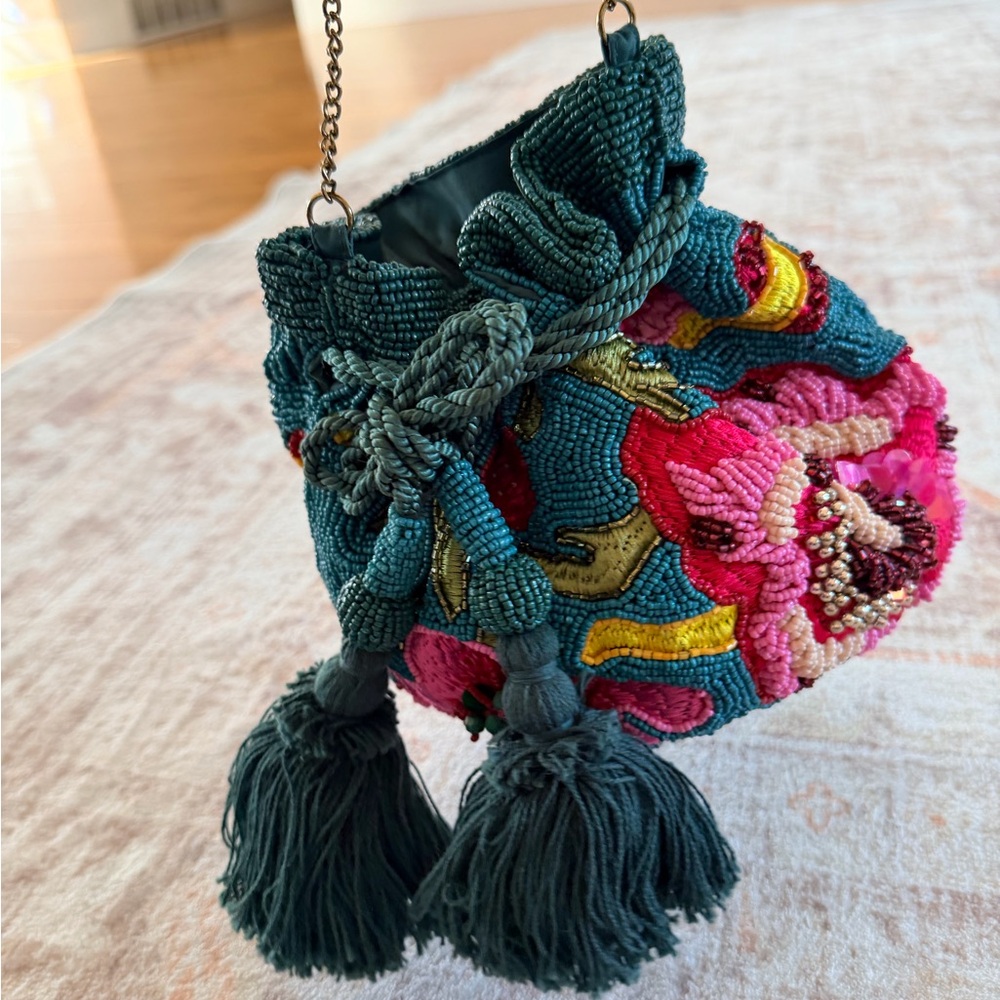 Vintage Embroidered Teal and Pink Beaded Bag